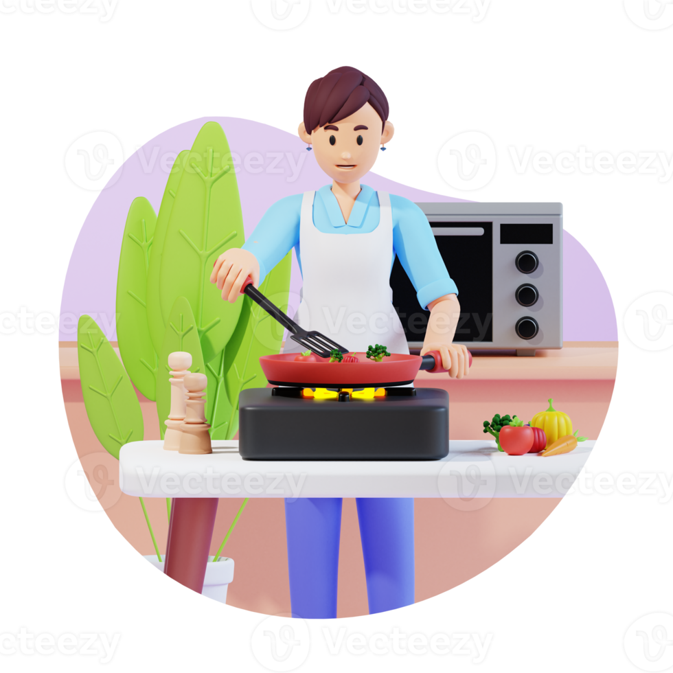 young mother is cooking food in the kitchen 3d character illustration png