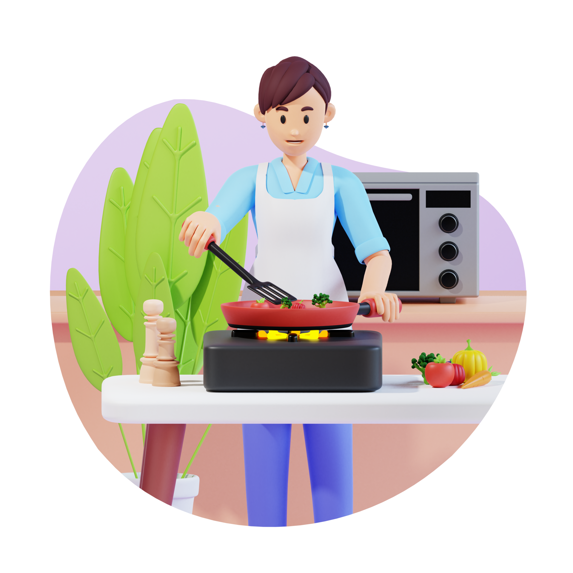 Young Mother Is Cooking Food In The Kitchen 3d Character Illustration