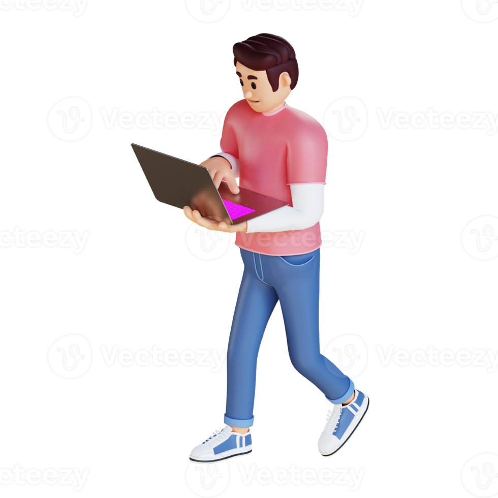 Young man using a laptop 3d character illustration png