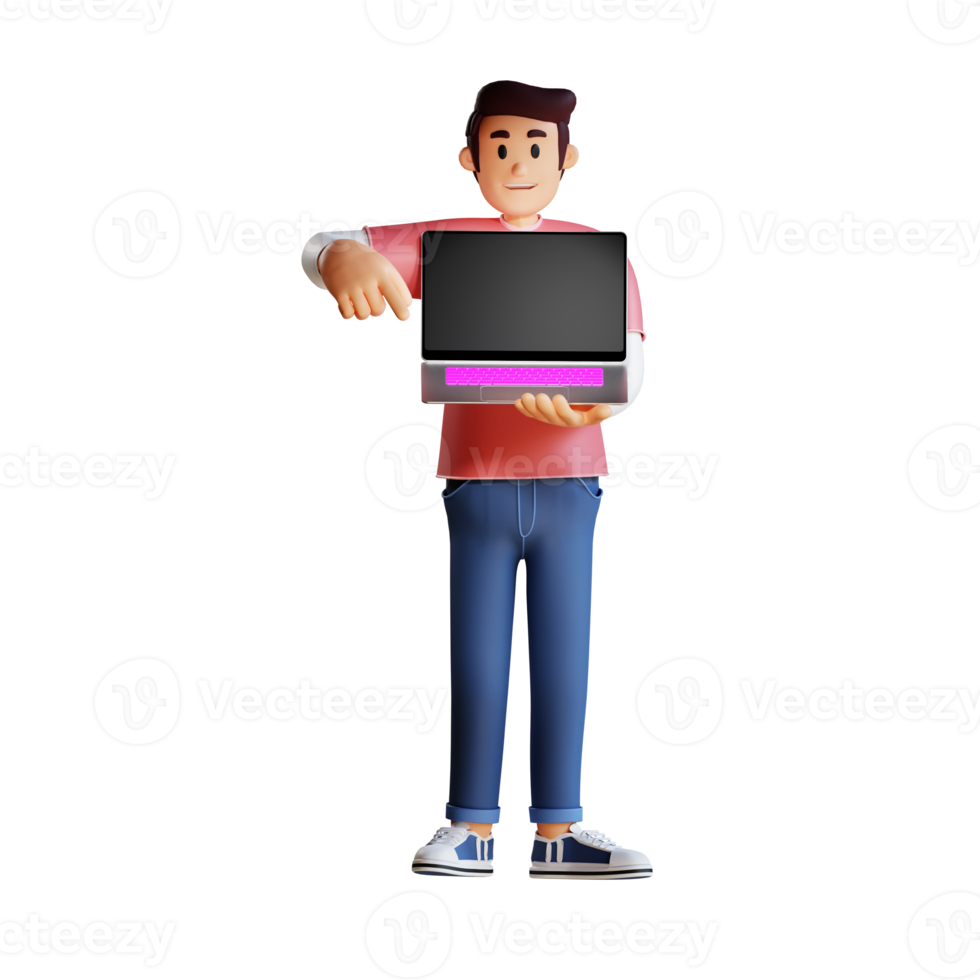 Young man holding a laptop 3d character illustration png