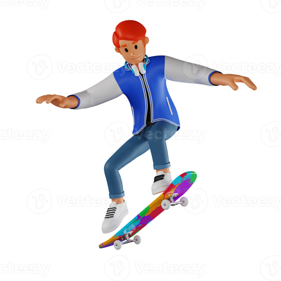 giovane uomo rosso dai capelli andare con lo skateboard 3d personaggio illustrazione png