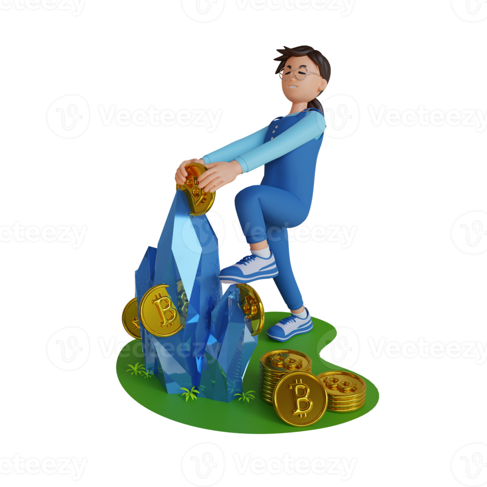 girl pulling a coin from a rock 3d character illustration png