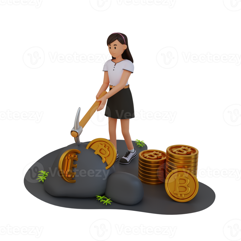 young girl digging coins from rock with pickaxe, 3d character illustration png