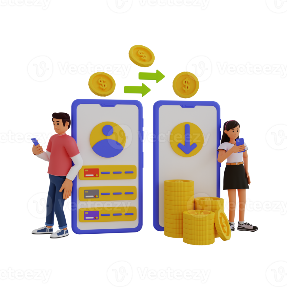 tiener overbrengen geld via mobiel app, 3d karakter illustratie png