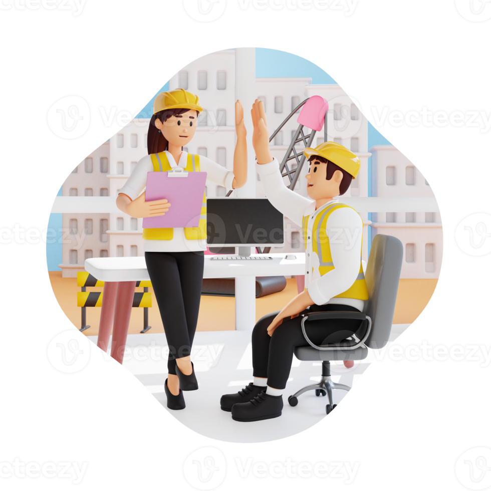 construction man and woman doing a high five 3d character illustration png