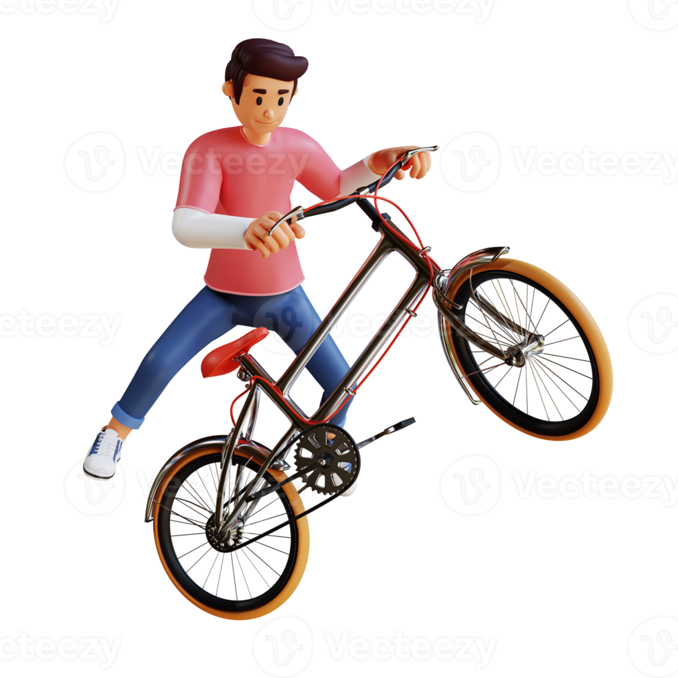 Young man riding a bicycle while freestyle 3d character illustration png