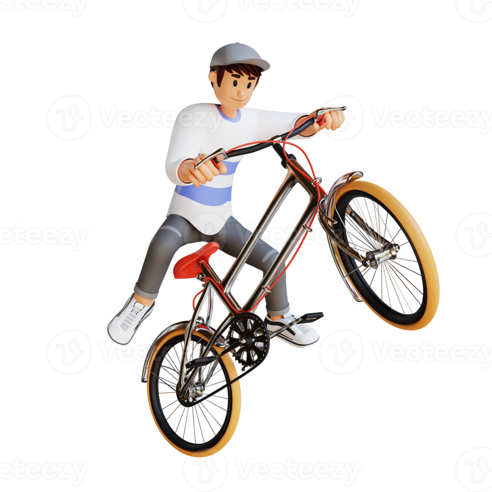 jovem de chapéu andando de bicicleta enquanto ilustração de personagem 3d freestyle png