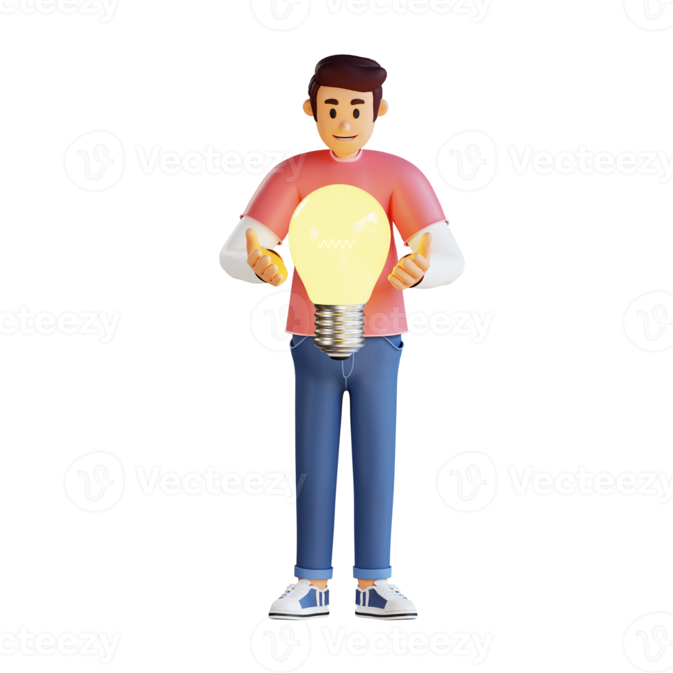 Young man and a giant light bulb 3d character illustration png