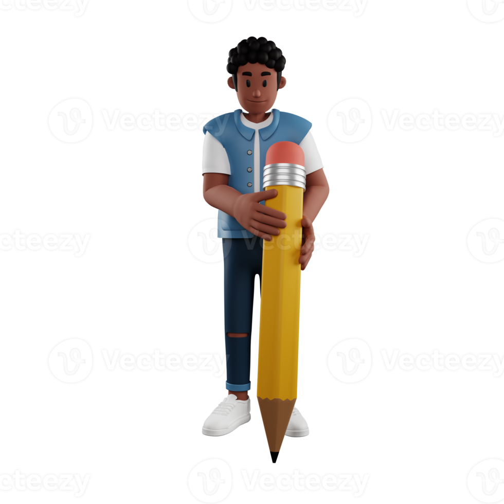 Curly haired young man holding a giant pencil 3d character illustration png