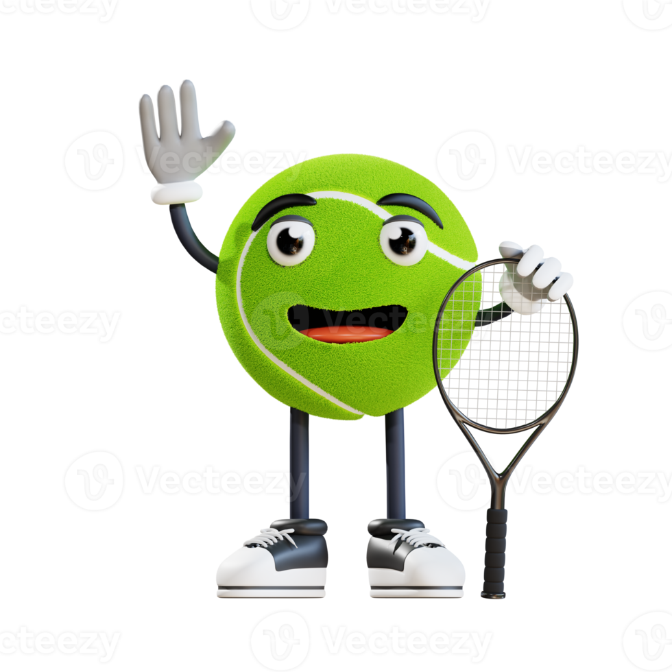 tennis bal mascotte zeggen Hallo 3d karakter illustratie png