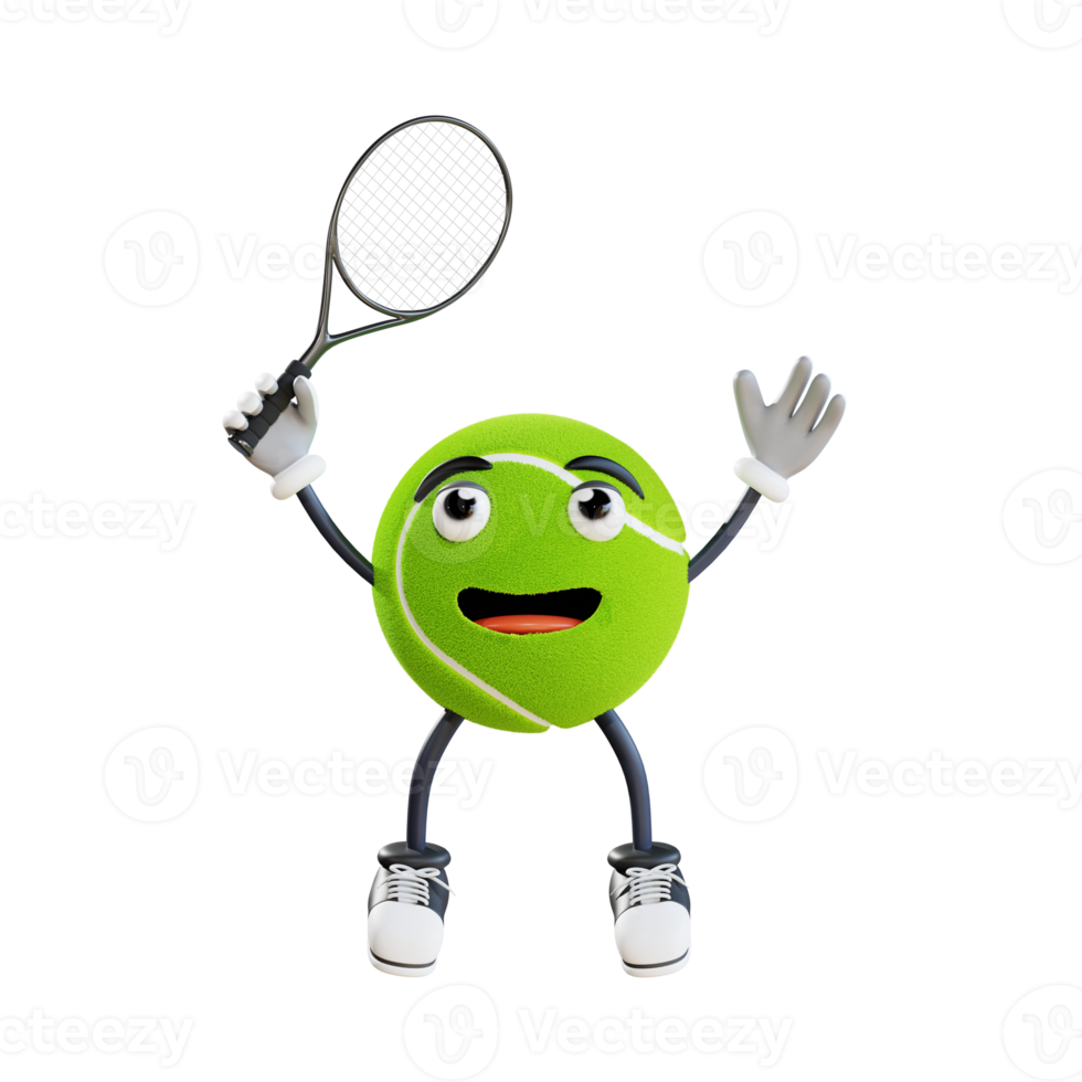 mascotte de balle de tennis sautant tout en tenant une illustration de personnage 3d de raquette png