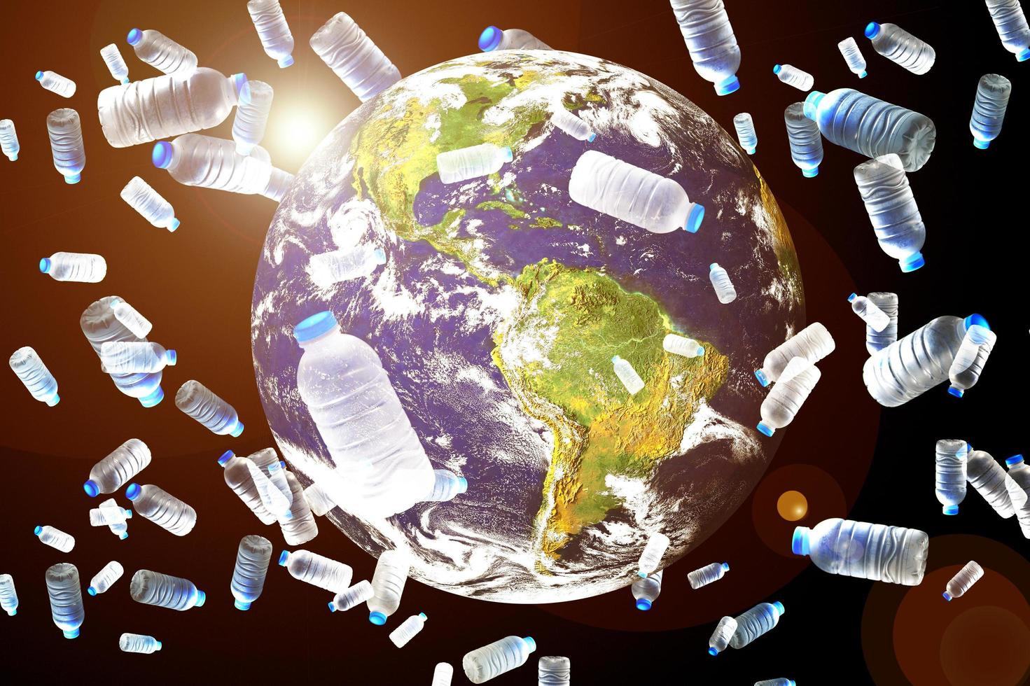 The concept of plastic waste overflowing the world. A globe with only plastic waste plastic water bottle photo