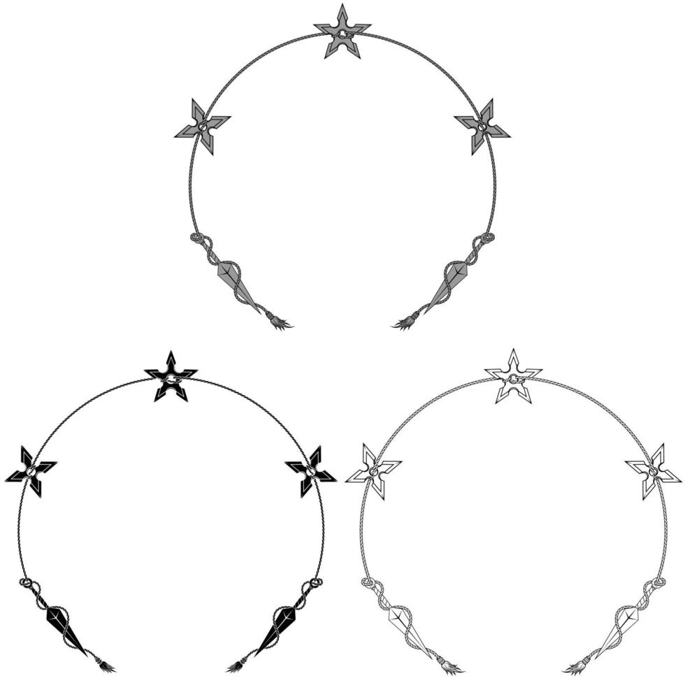 Kunai and Shuriken ninja weapon design tied in circle-shaped rope vector