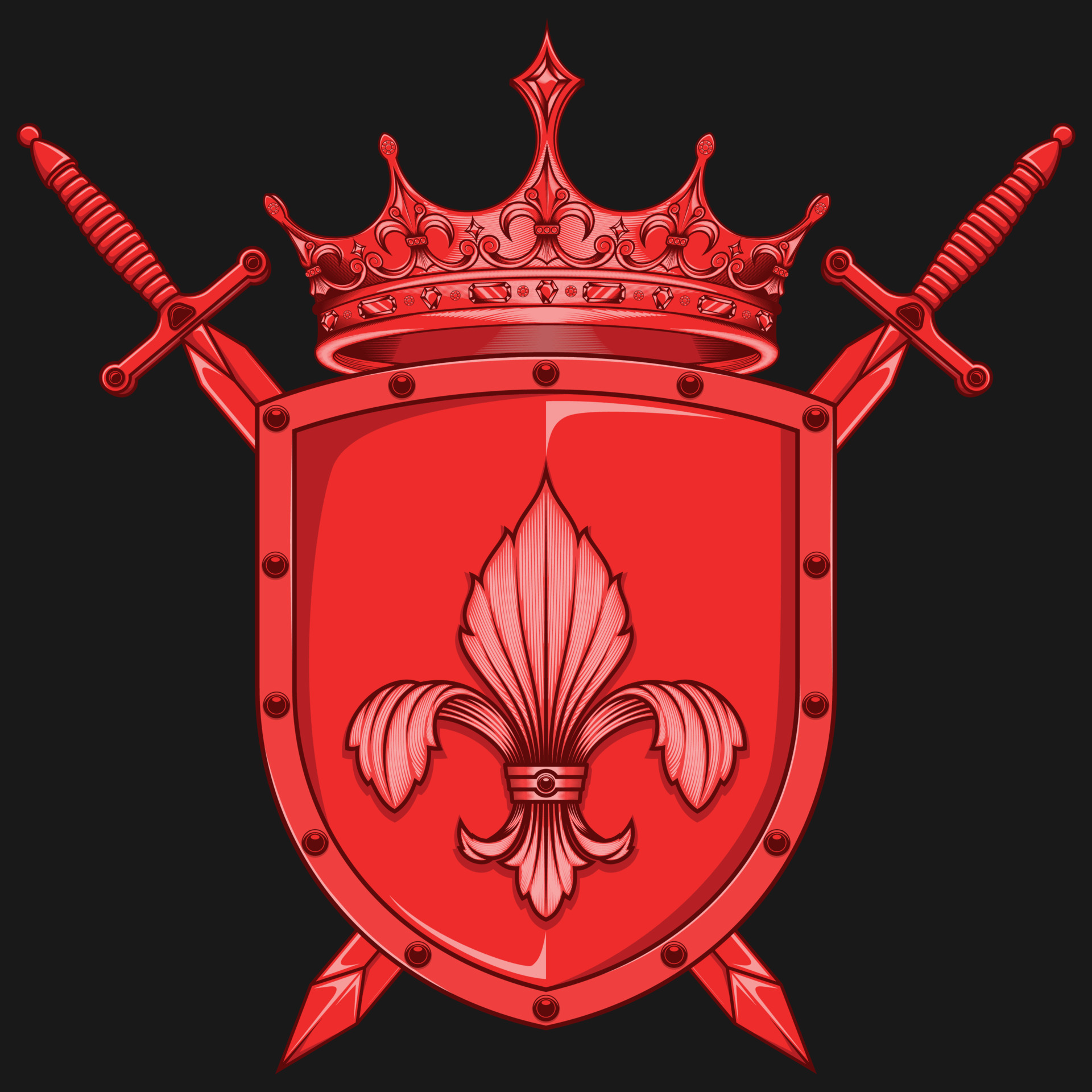 Crowned heraldic shield with lily flower and two swords. heraldic