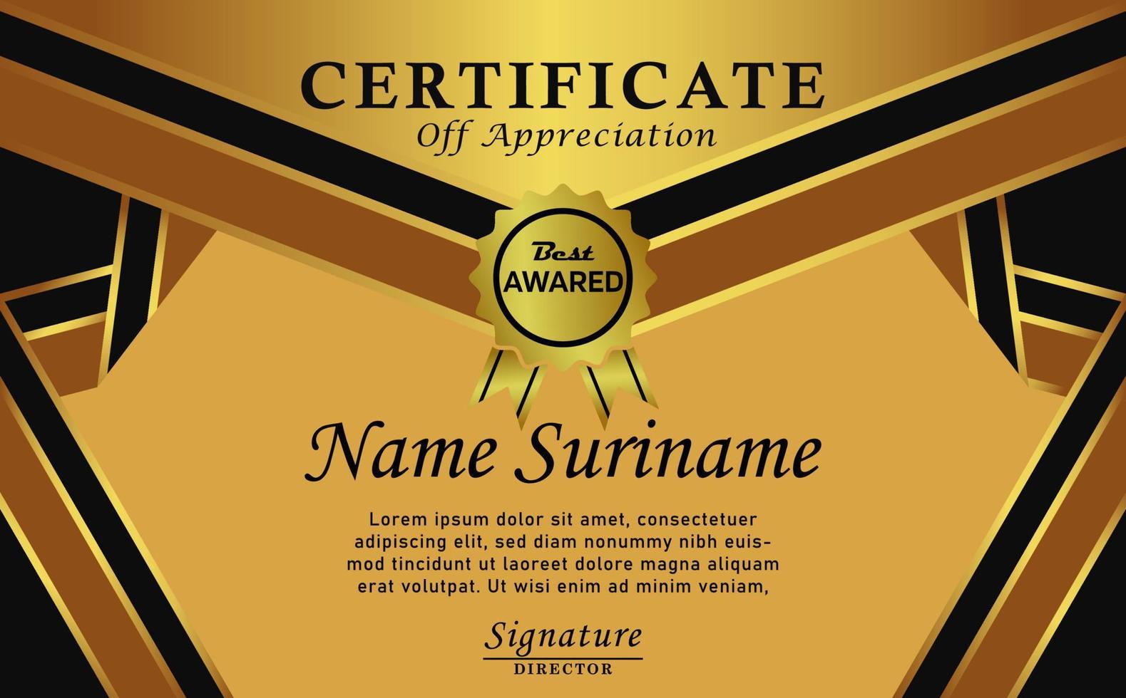 Luxury Certificate Award Design. Gold color. Modern certificate with gold badge. Certificate border template with modern luxury line pattern vector