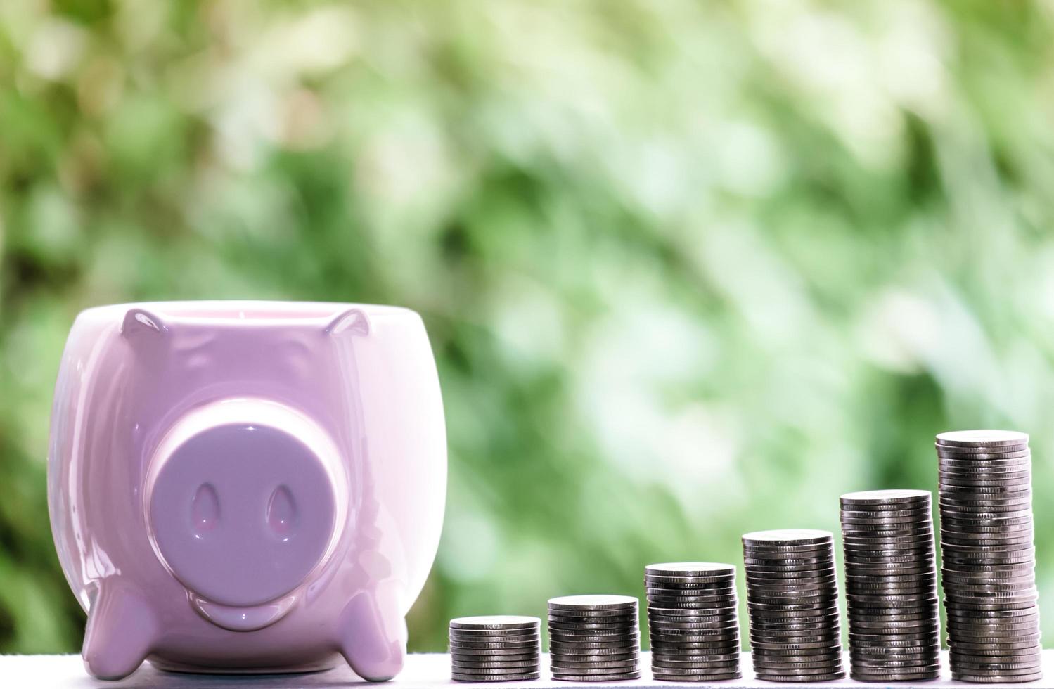 Business Finance and Money concept,with Piggy bank,Save money for prepare in the future.tree growing on coin of stacking gold coins with green bokeh background photo