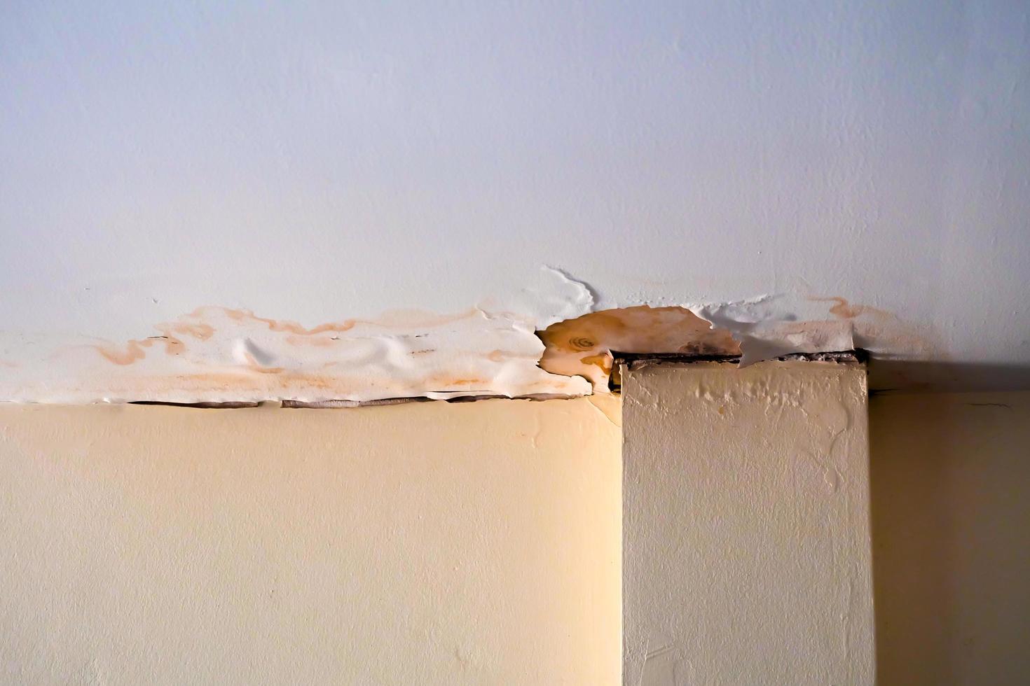 Water damaged ceiling roof, brown stain, office building photo