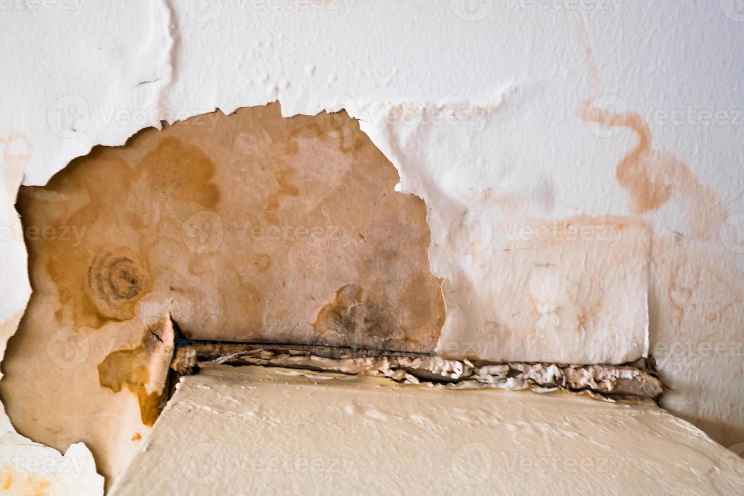 Water damaged ceiling roof, brown stain, office building photo