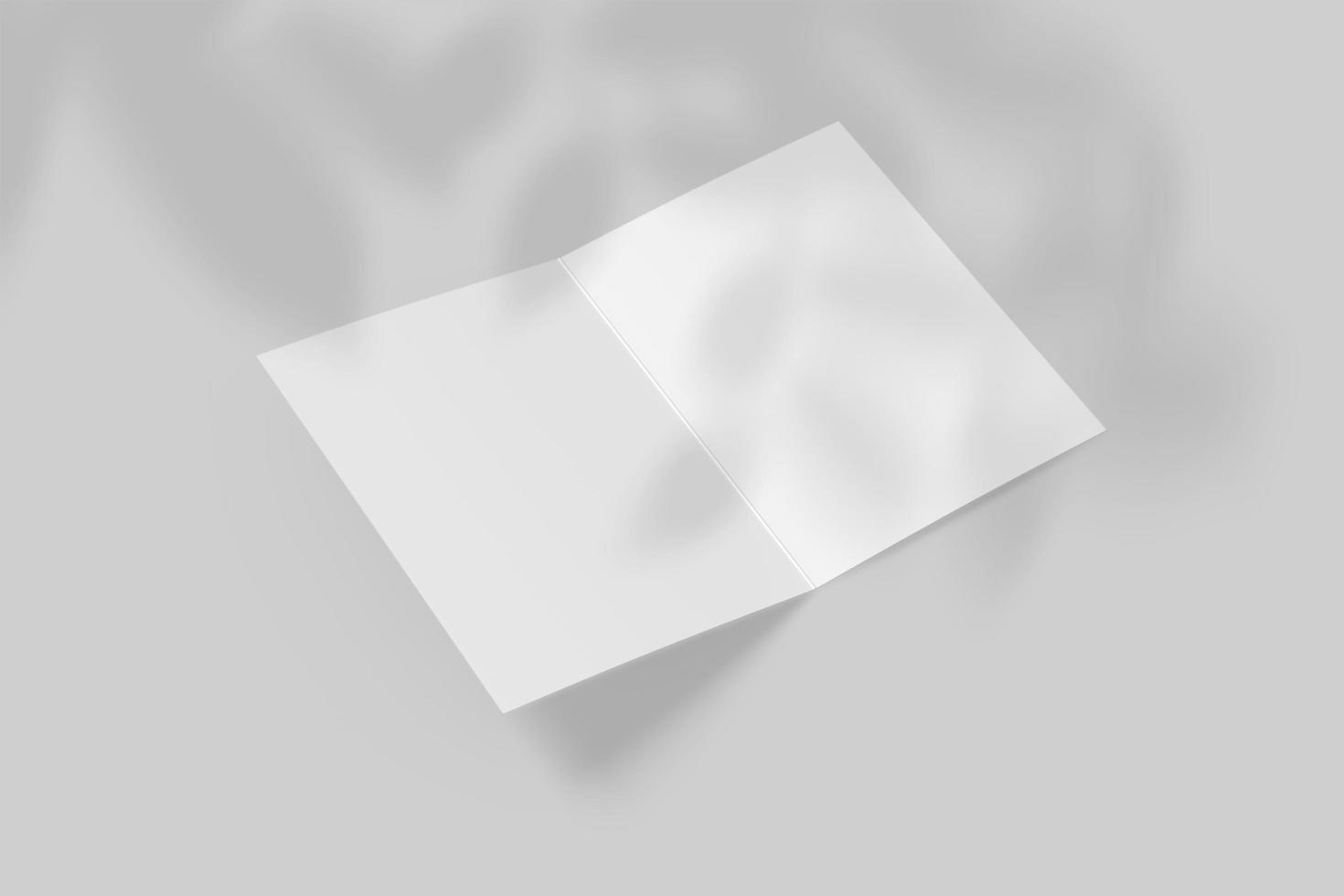 Realistic top view opened portrait A4 or A5 magazine or brochure booklet for stationery and branding. Mockup template with isolated on light grey background and leaf shadow overlay. 3D rendering. photo