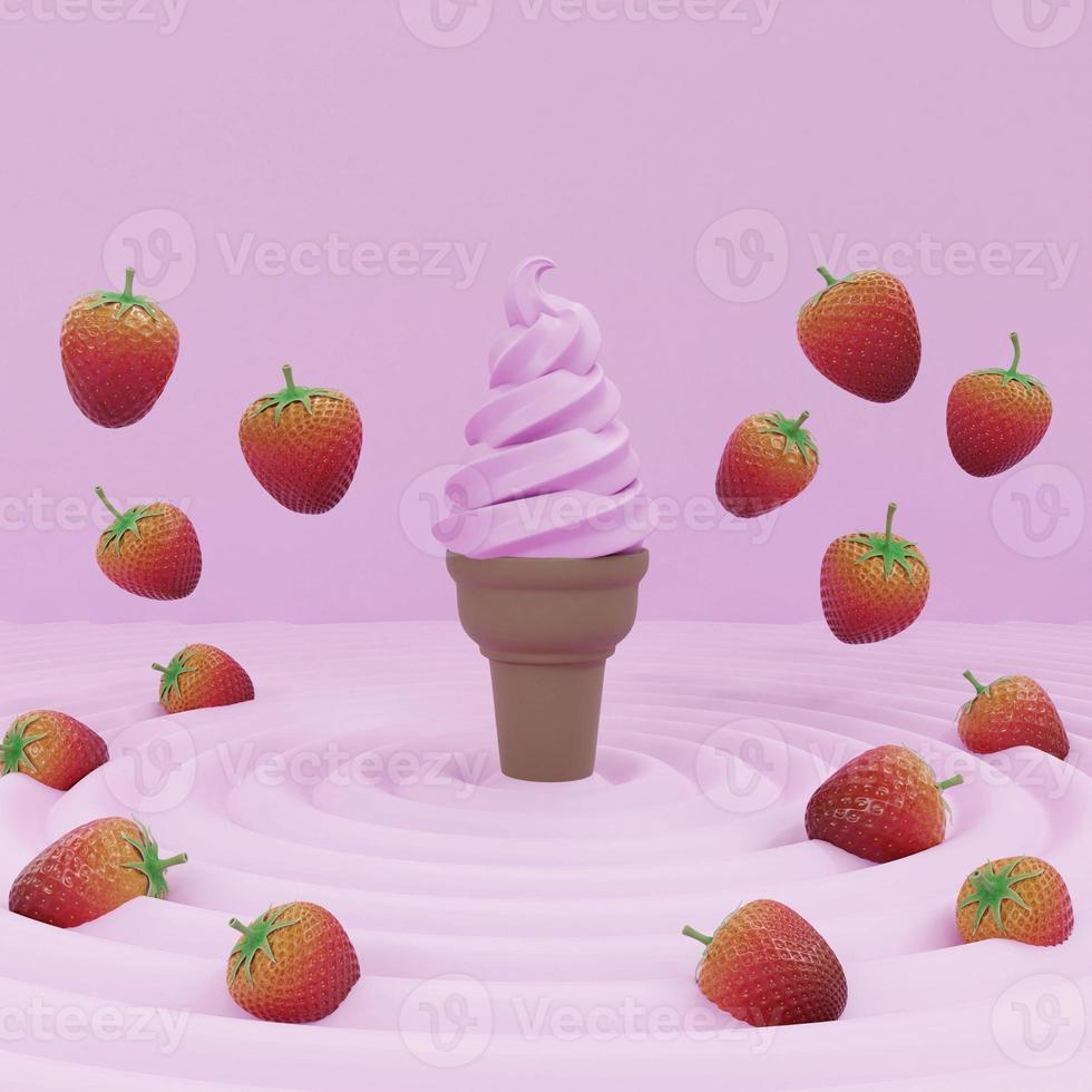 Strawberry ice cream with fruit fall into pink cream 3D render illustration photo