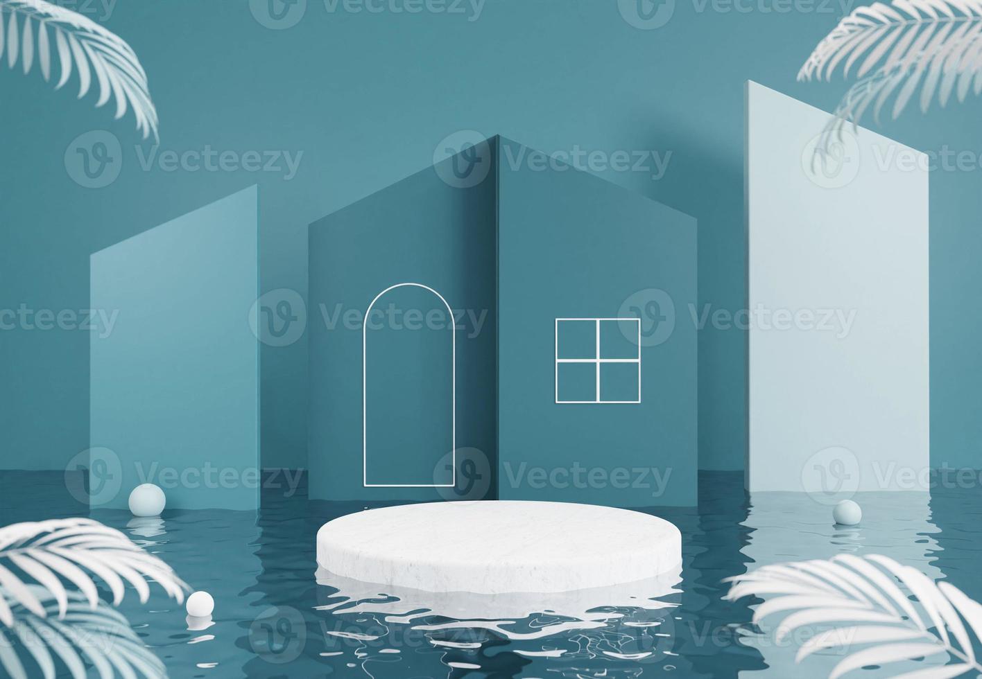 Pedestal podium on water surface with minimal house 3D render illustration photo