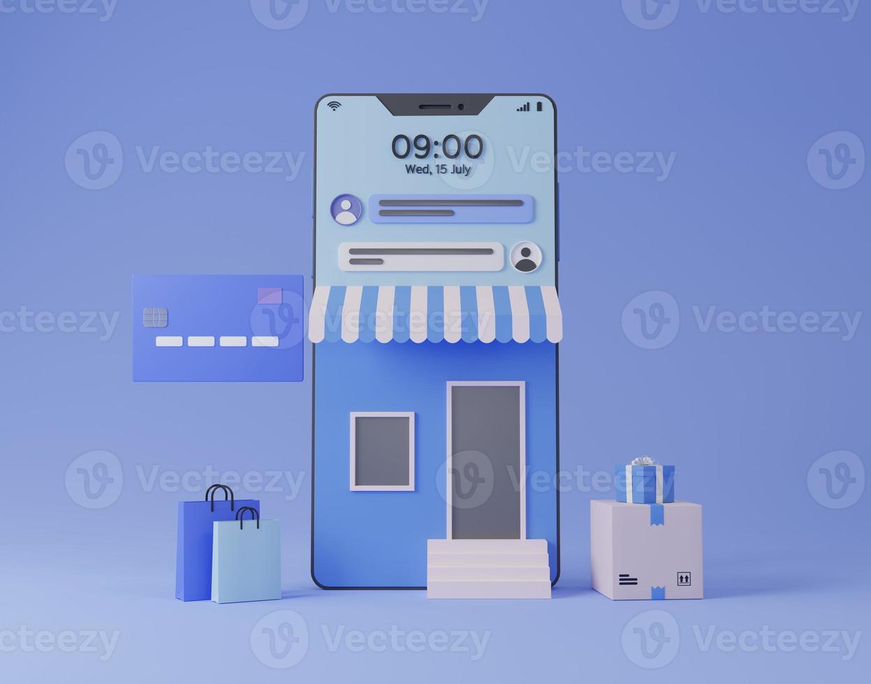 Online shopping on smartphone and store with awning 3D render illustration photo