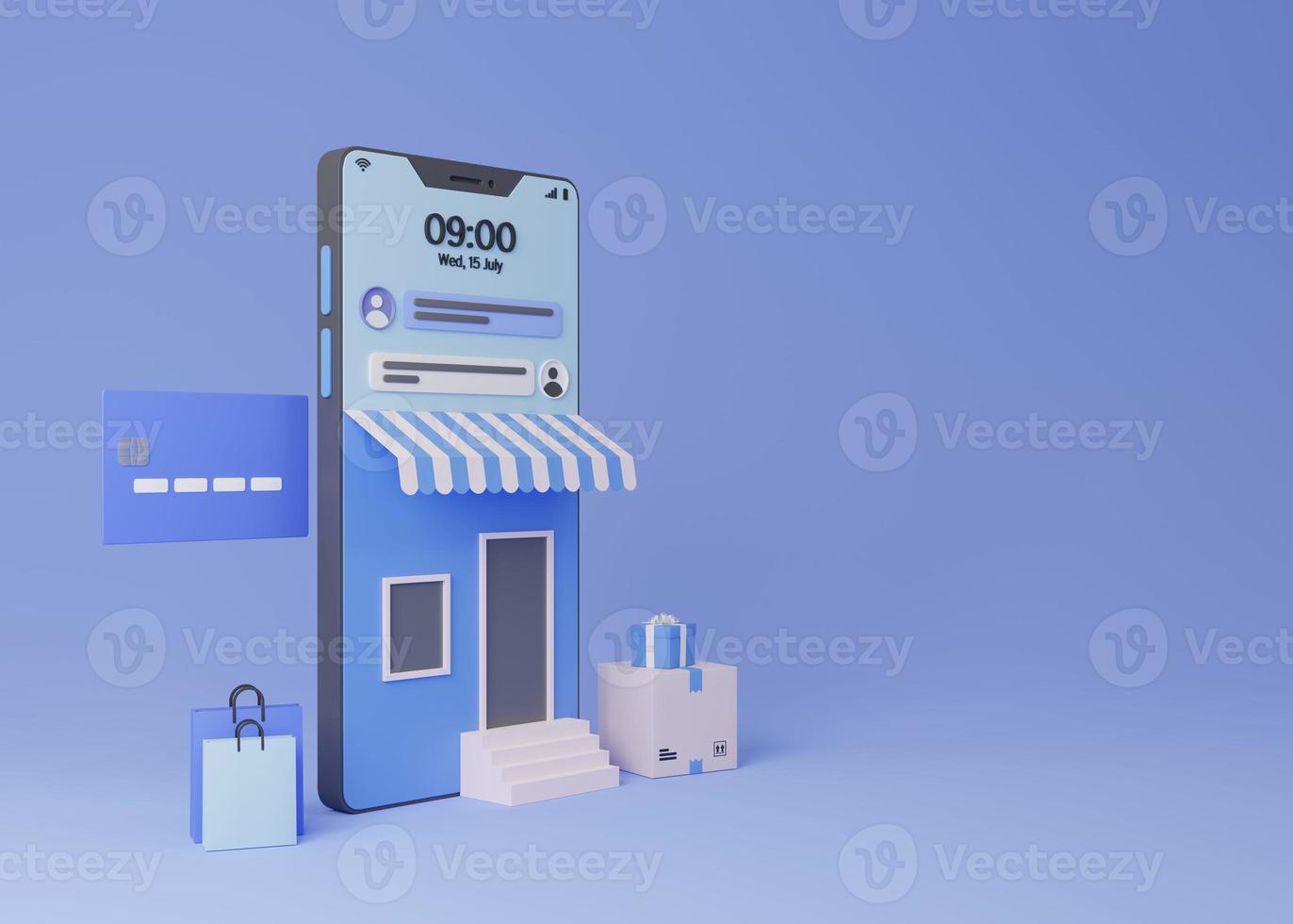 Online shopping on smartphone and store with awning 3D render illustration photo