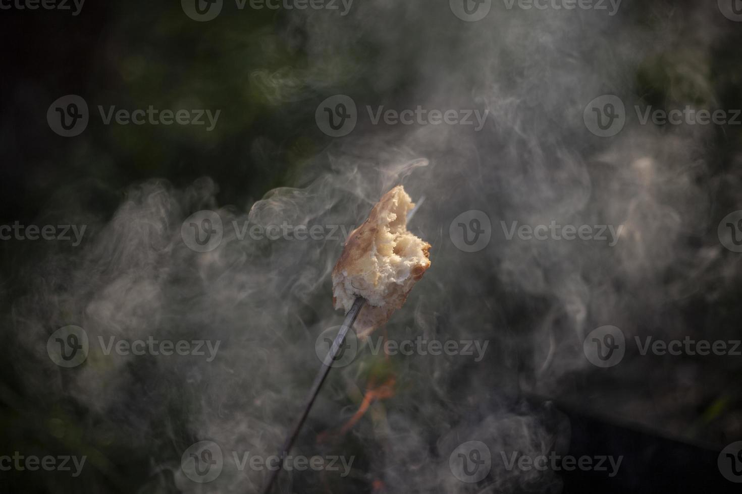 Frying bread on campfire. Bread on stick is baked in flames. Picnic in nature. Smoke in sunlight. photo