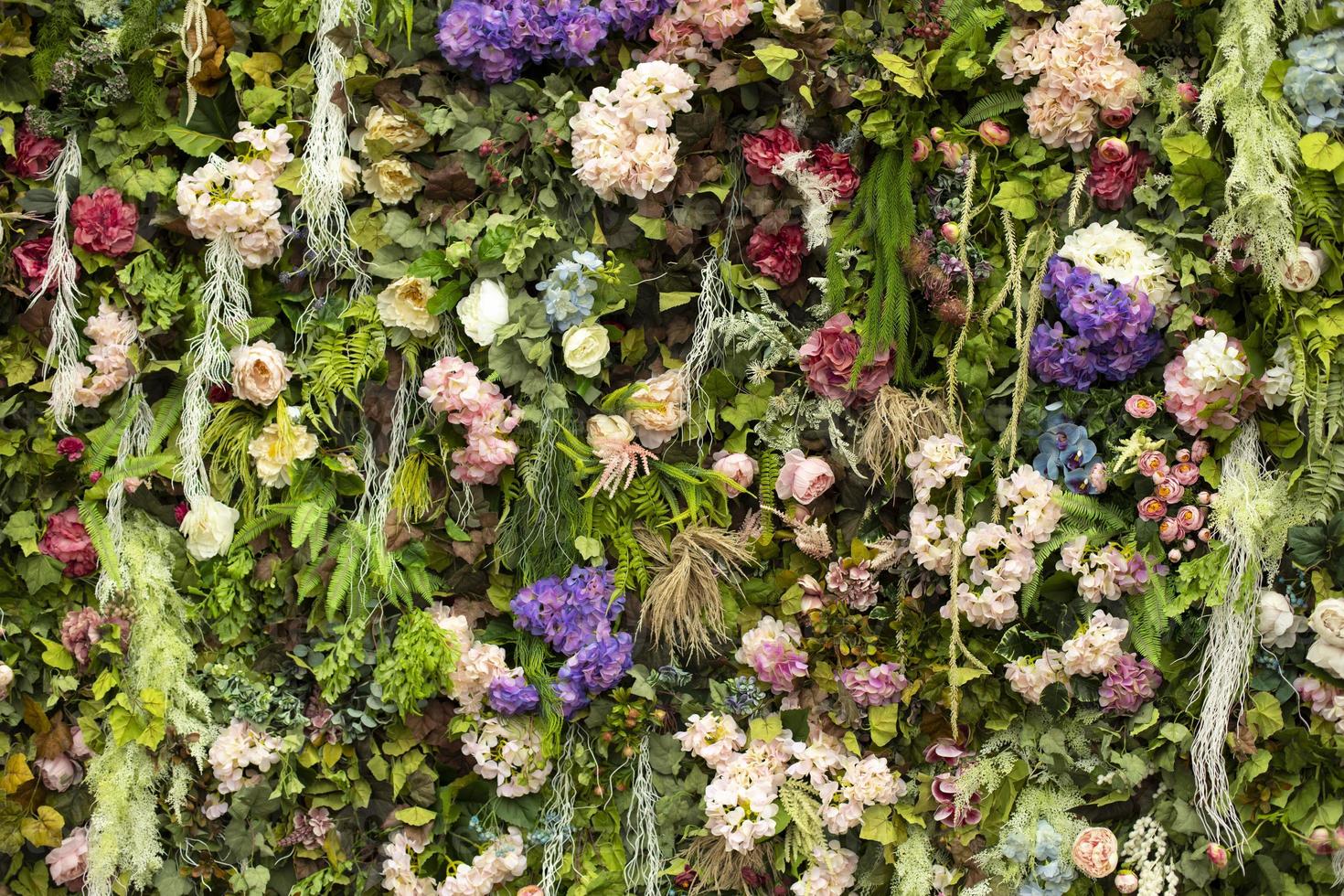 The texture of a green wall, overgrown with blooming flowers. Close-up. Greenhouse skills. Floristics. photo