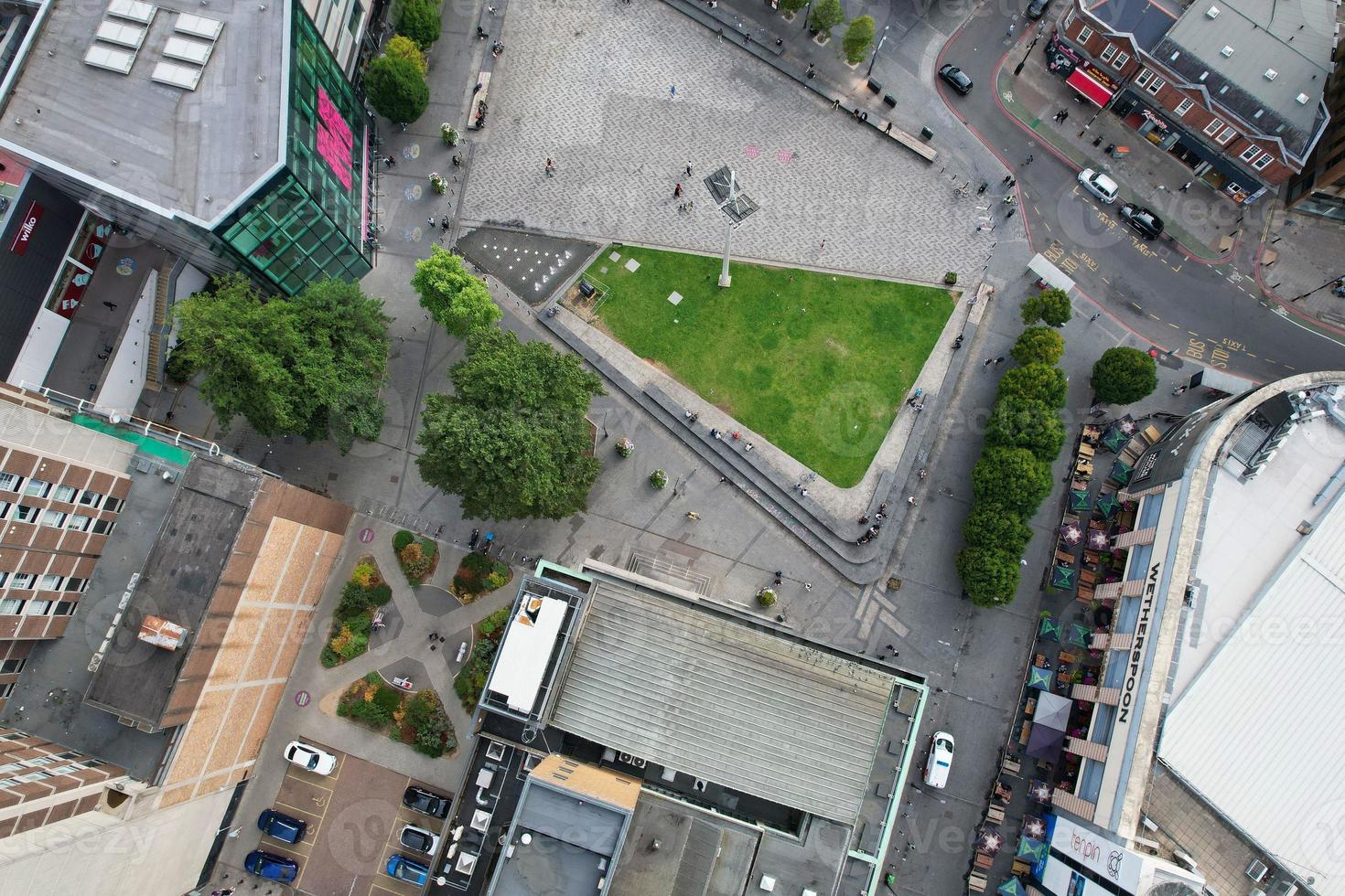 Luton City Centre and Local Buildings, High Angle Drone's View of Luton City Centre and Railway Station. Luton England Great Britain photo