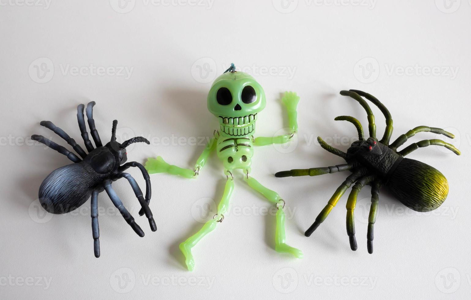 Halloween background with two spiders and a skeleton on a white background. Happy Halloween concept photo