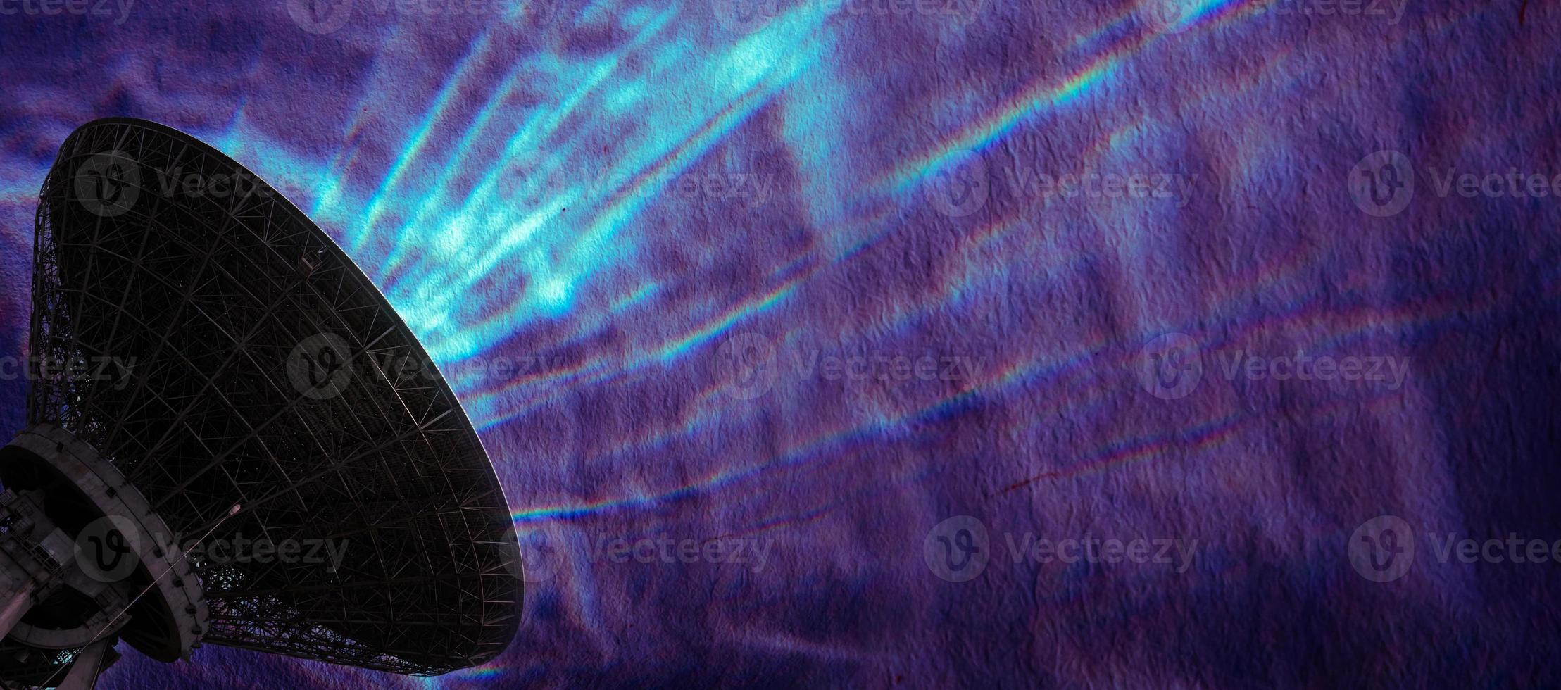 Panorama satellite dish on a purple abstract background. Cosmonautics Day, space exploration photo