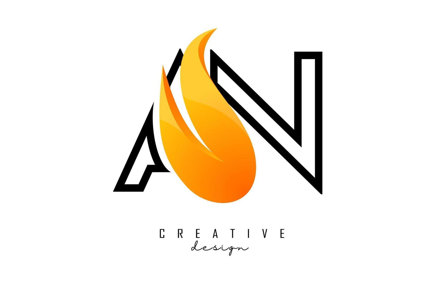 Outline Vector illustration of abstract letters AN a N with fire flames and Orange Swoosh design.