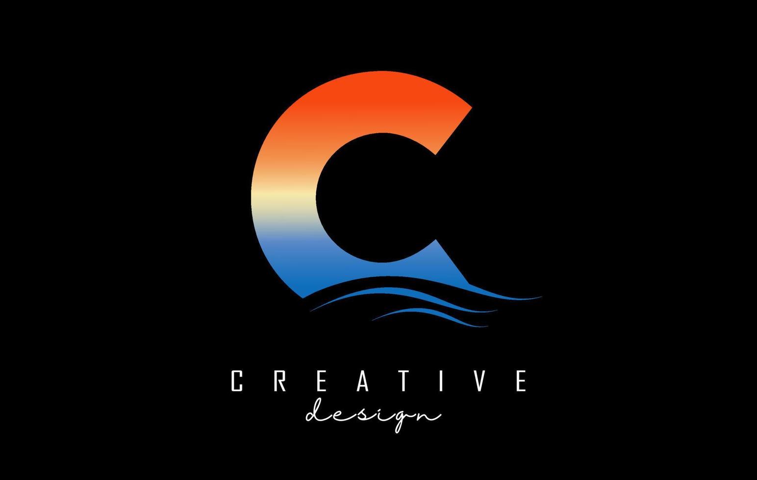Sunset effect letter C logo with waves lines. Letter with geometric waves and sunset design. vector