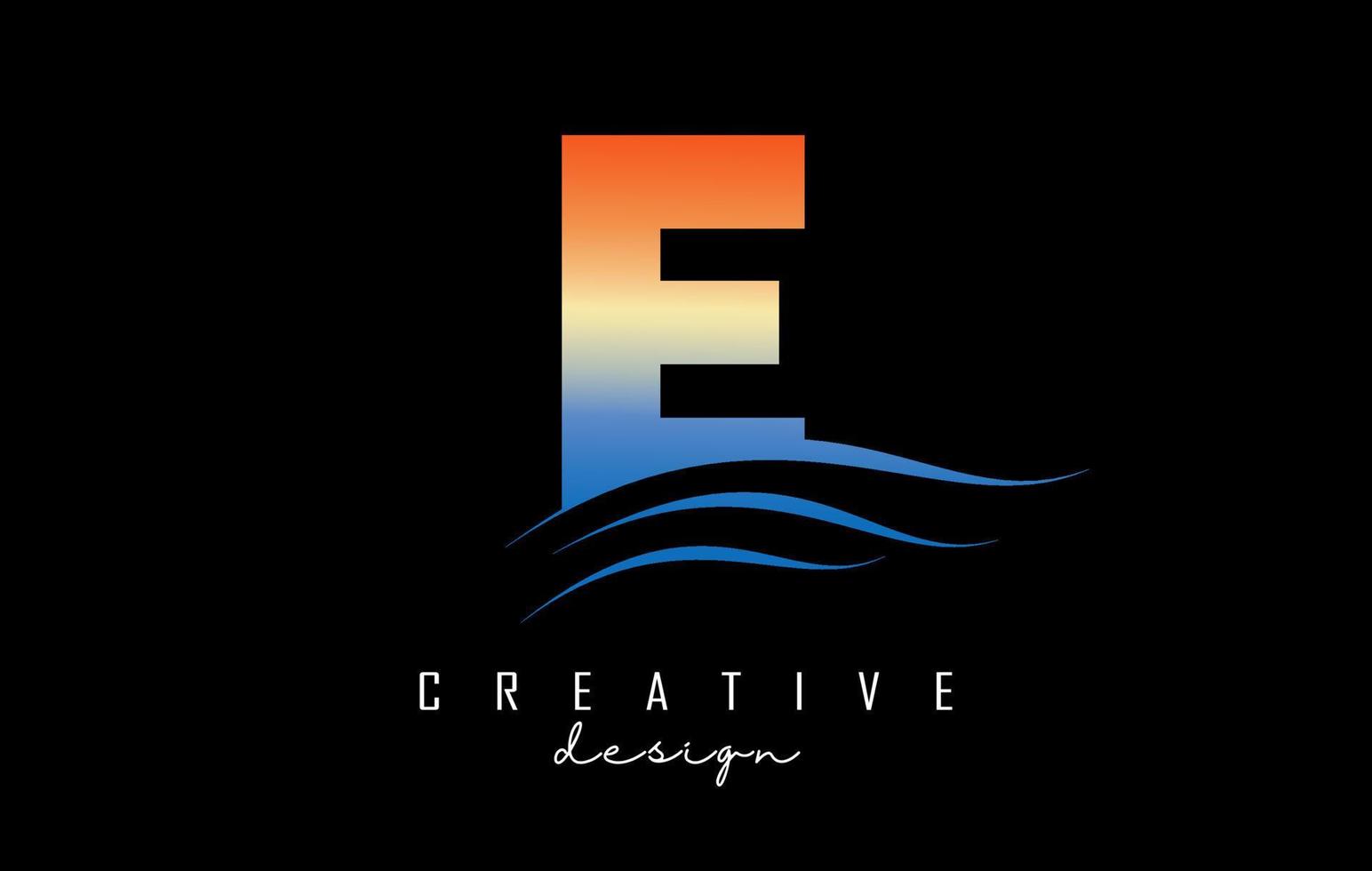 Sunset effect letter E logo with waves lines. Letter with geometric waves and sunset design. vector