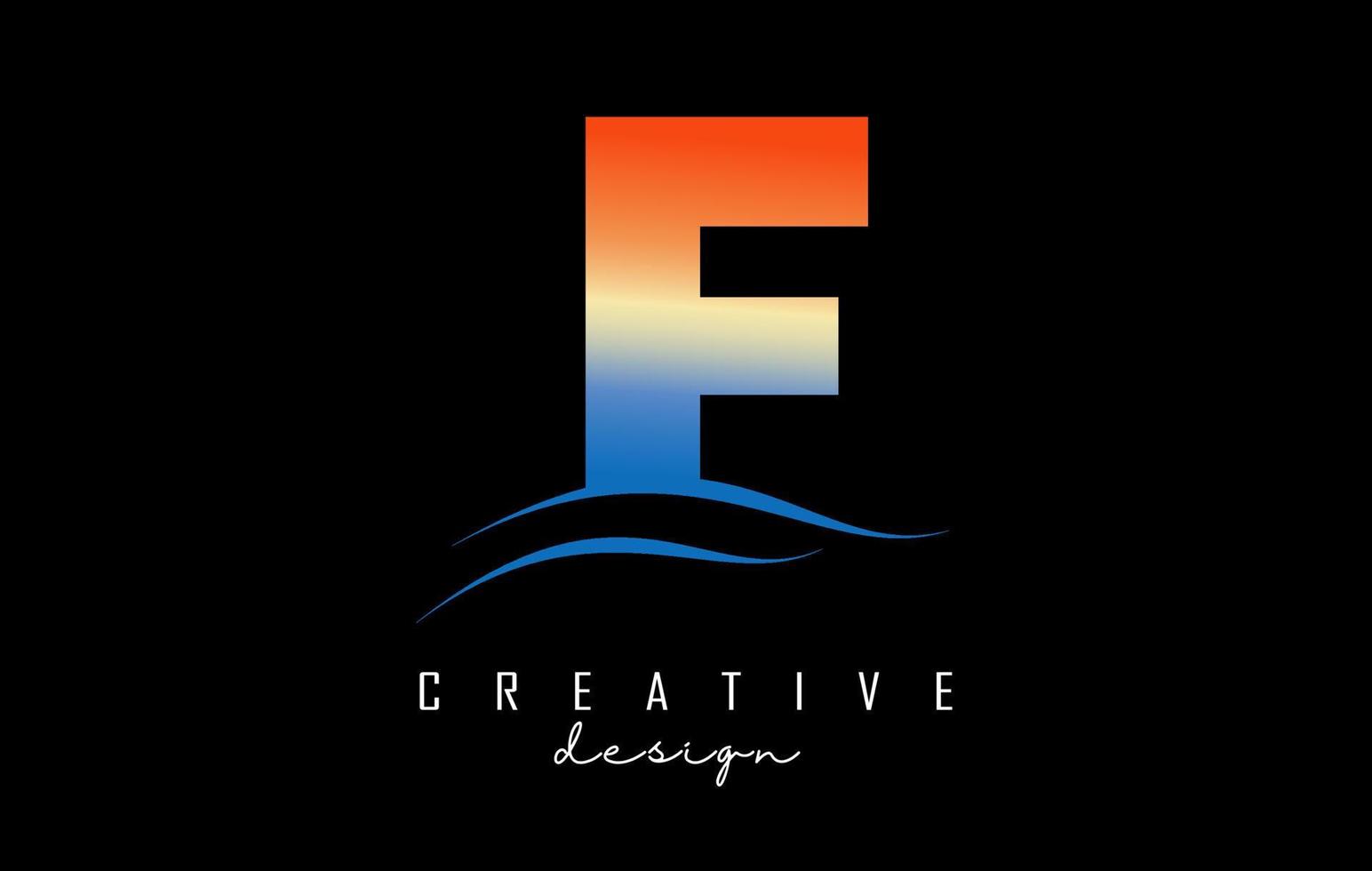 Sunset effect letter F logo with waves lines. Letter with geometric waves and sunset design. vector