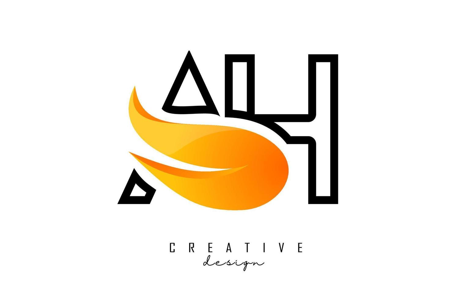 Outline Vector illustration of abstract letters AH a h with fire flames and Orange Swoosh design.