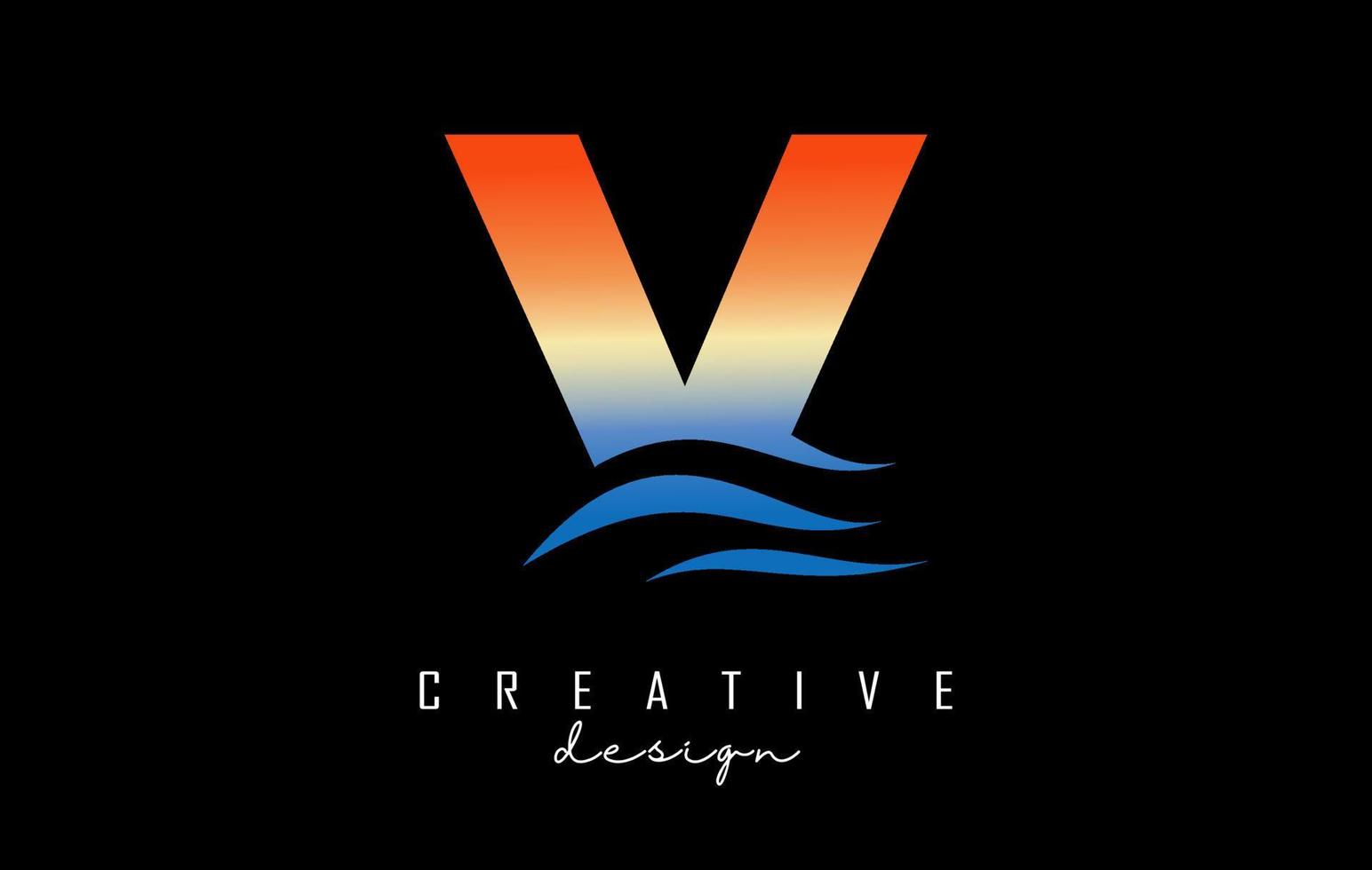 Sunset effect letter V logo with waves lines. Letter with geometric waves and sunset design. vector