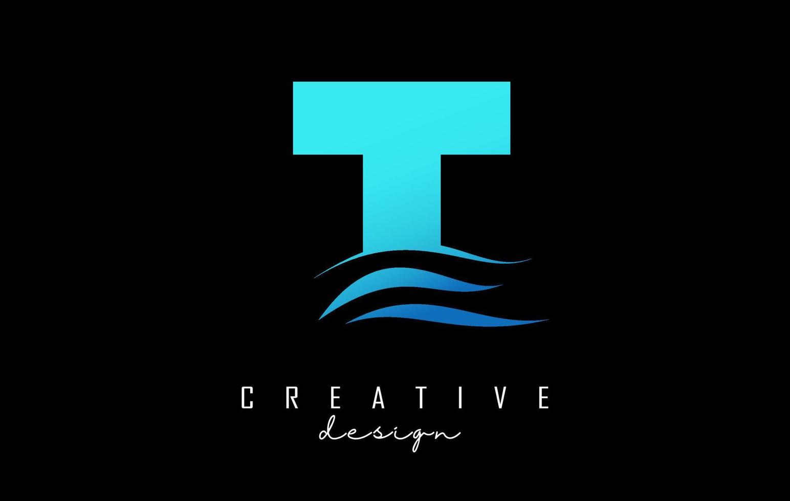 Wave effect blue letter T logo with leading lines. Letter with geometric and waves design. vector