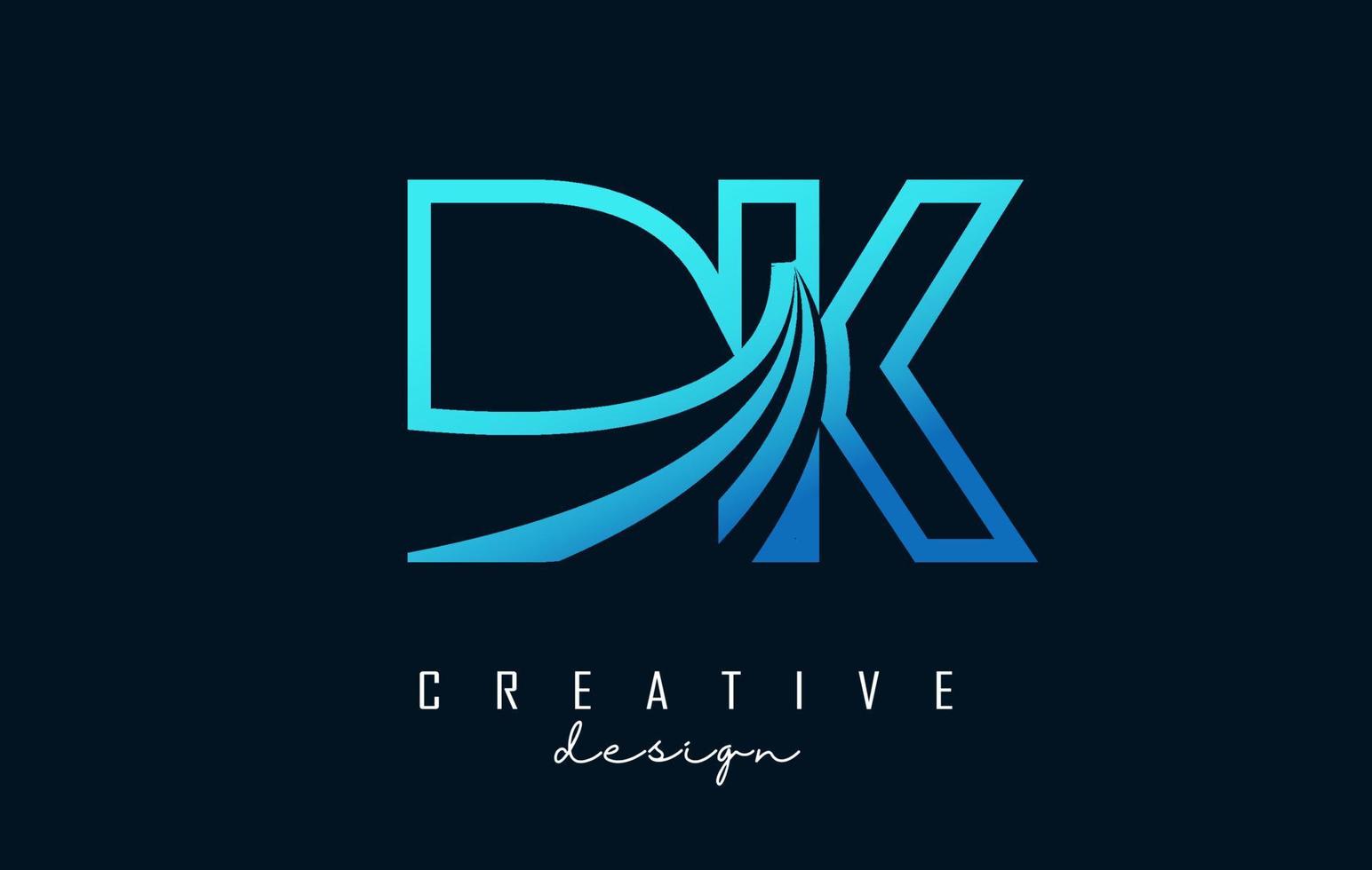 Outline blue letters Dk d k logo with leading lines and road concept design. Letters with geometric design. vector