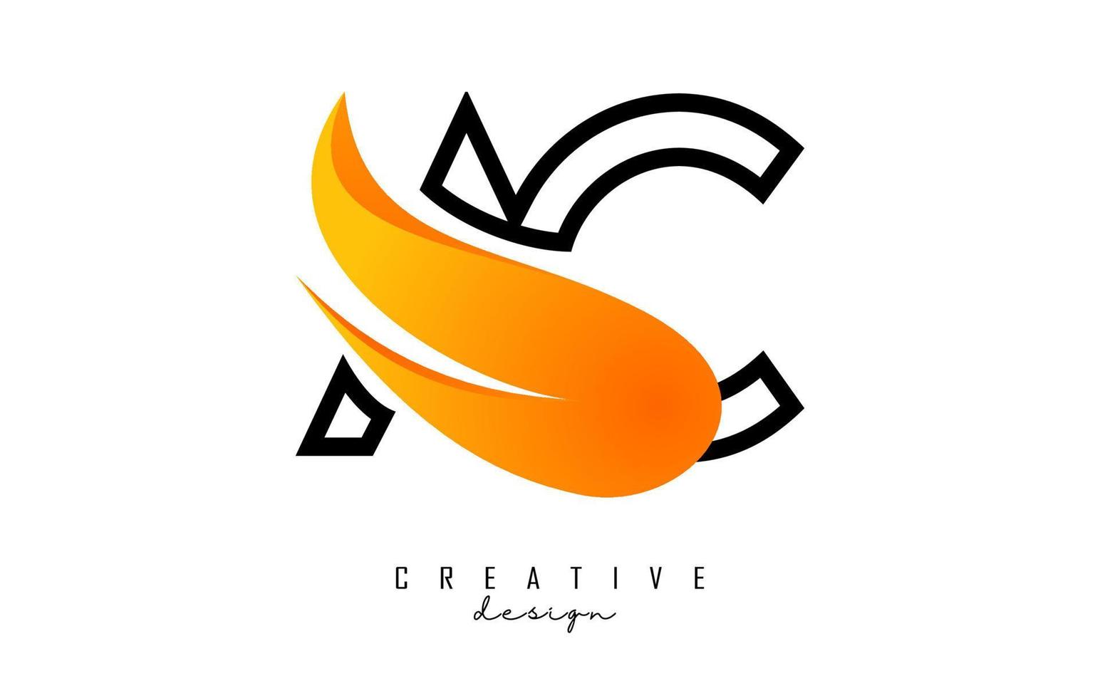 Outline Vector illustration of abstract letters AC a c with fire flames and Orange Swoosh design.