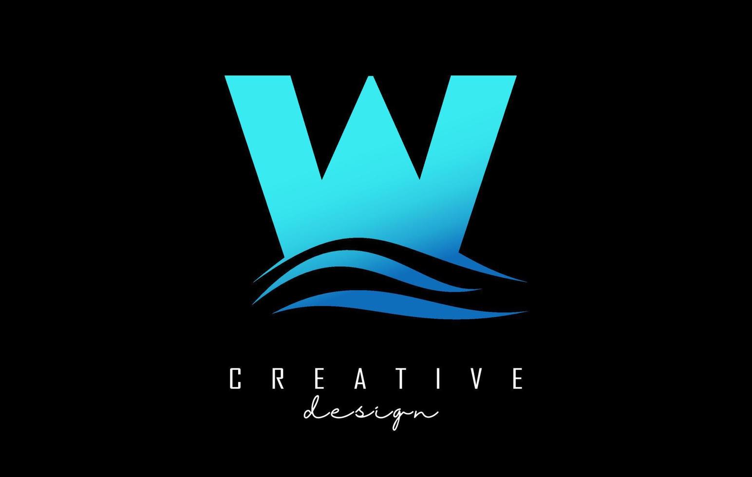 Wave effect blue letter W logo with leading lines. Letter with geometric and waves design. vector
