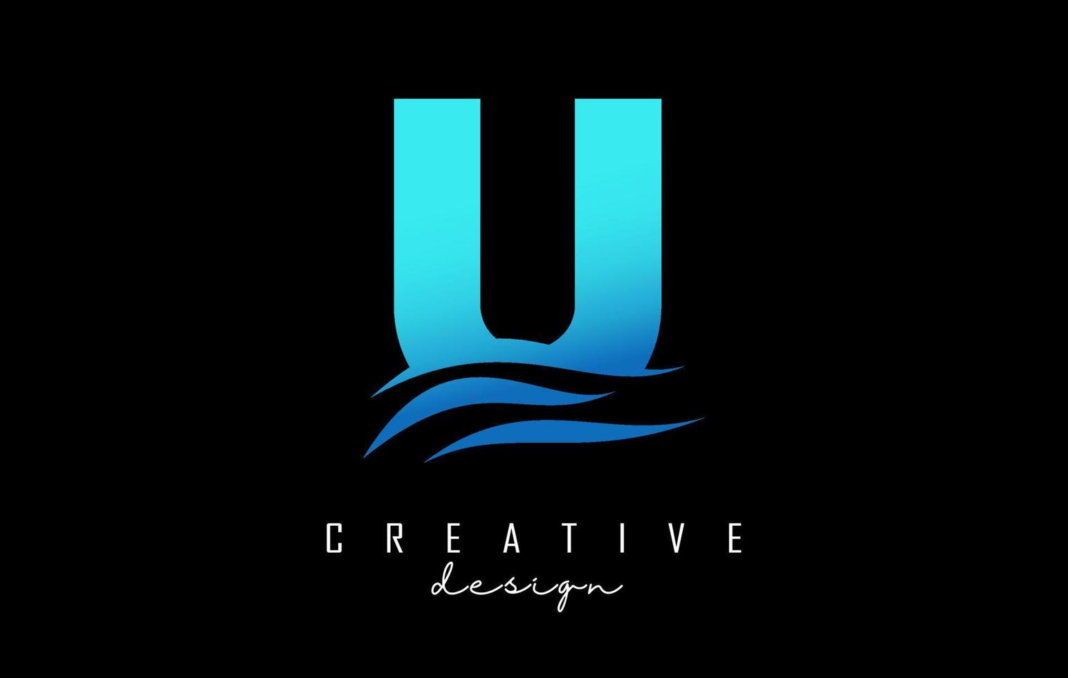 Wave effect blue letter U logo with leading lines. Letter with geometric and waves design. vector