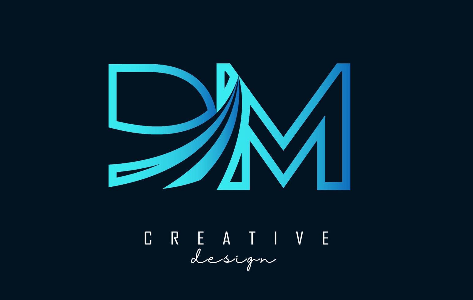 Outline blue letters DM d m logo with leading lines and road concept design. Letters with geometric design. vector