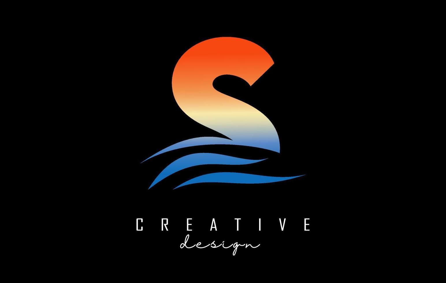Sunset effect letter S logo with waves lines. Letter with geometric waves and sunset design. vector