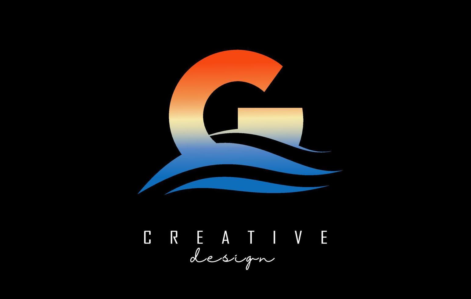 Sunset effect letter G logo with waves lines. Letter with geometric waves and sunset design. vector