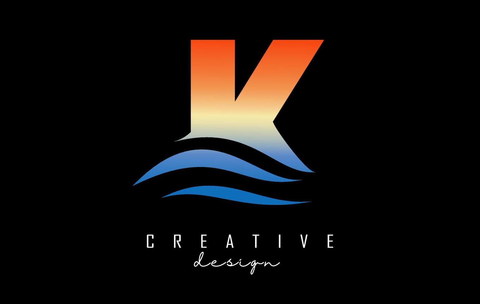 Sunset effect letter K logo with waves lines. Letter with geometric waves and sunset design. vector