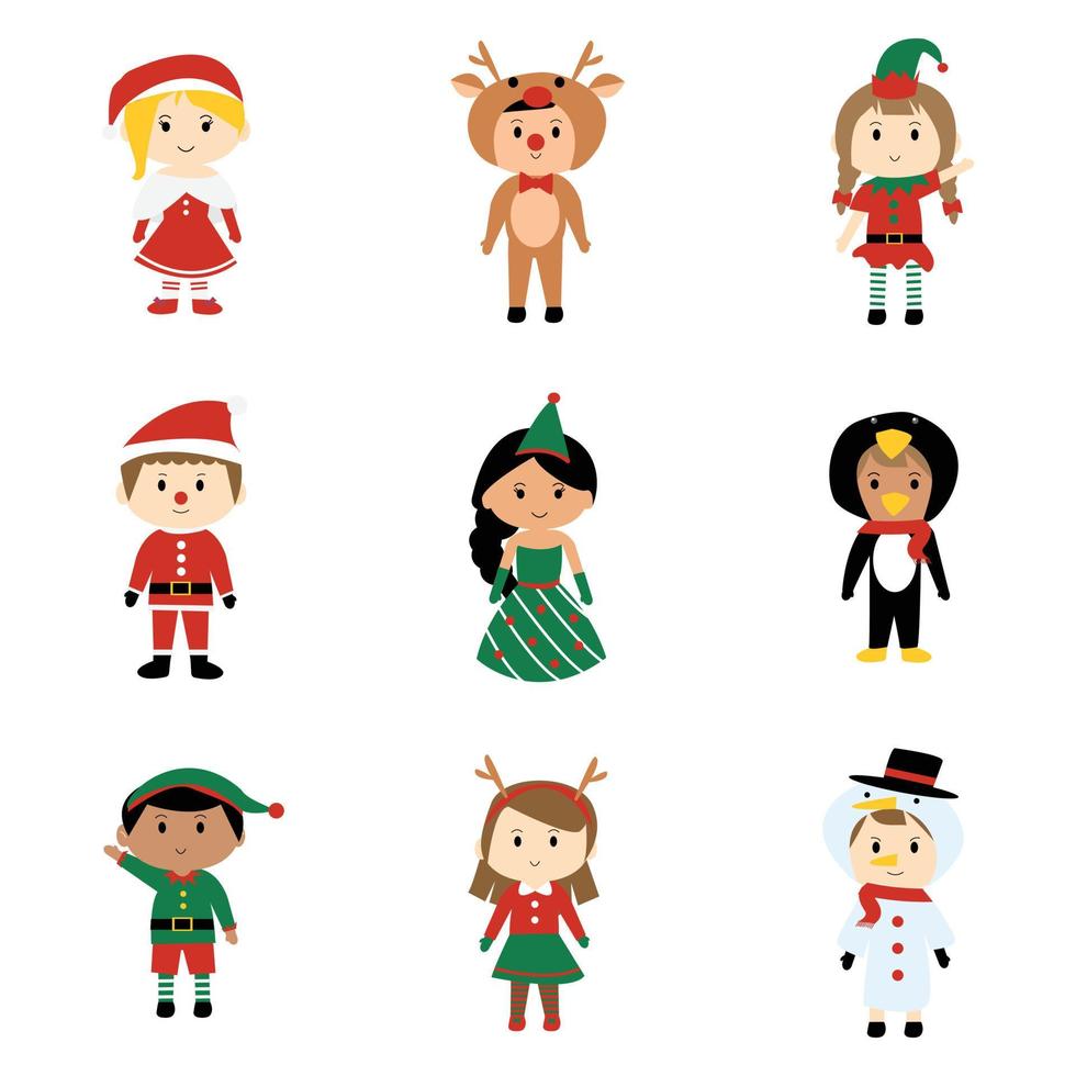 dibujos animados de niños lindos con elementos de imágenes prediseñadas de disfraces de navidad para la decoración vector