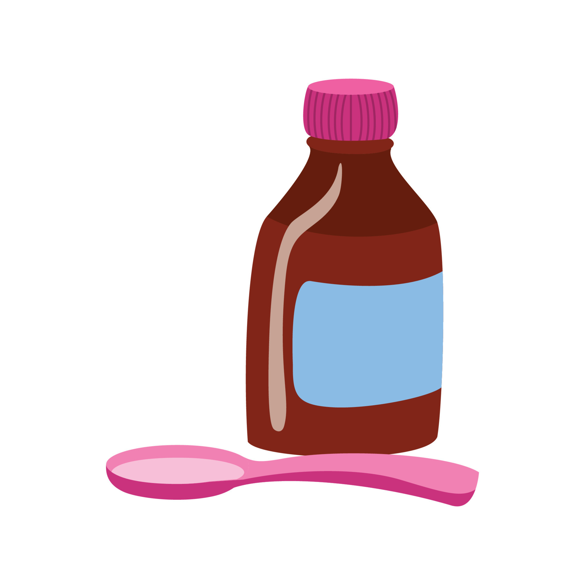 Brown glass bottle of medicine syrup and one dose in teaspoon , vector