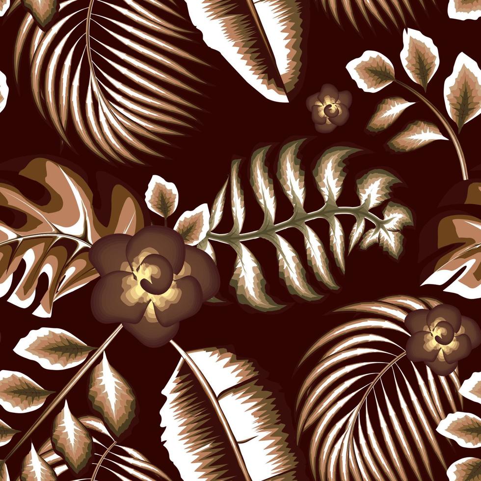 patrón abstracto sin costuras de tendencia con hojas de palma de monstera tropical monocromática marrón y follaje de plantas de plátano sobre fondo oscuro. diseño vectorial impresión de la selva. verano exótico. papel pintado de interiores. vector